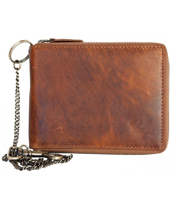 Glazed Genuine Leather Wallet with Metal Zipper Around and Chain ...